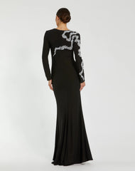 Black Jersey Evening Gown With Beaded Swirl Detail