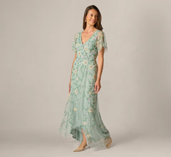 Flutter Sleeve Beaded Wrap Dress In Aqua Dust