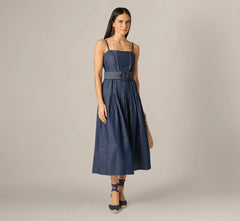 Cotton Denim Drop Waist Belted Midi Dress In Dark Denim