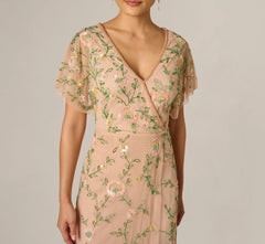 Flutter Sleeve Beaded Wrap Dress In Blush Multi