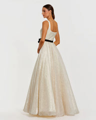 Ivory Polka Dot Square Neck Ball Gown With Bow
