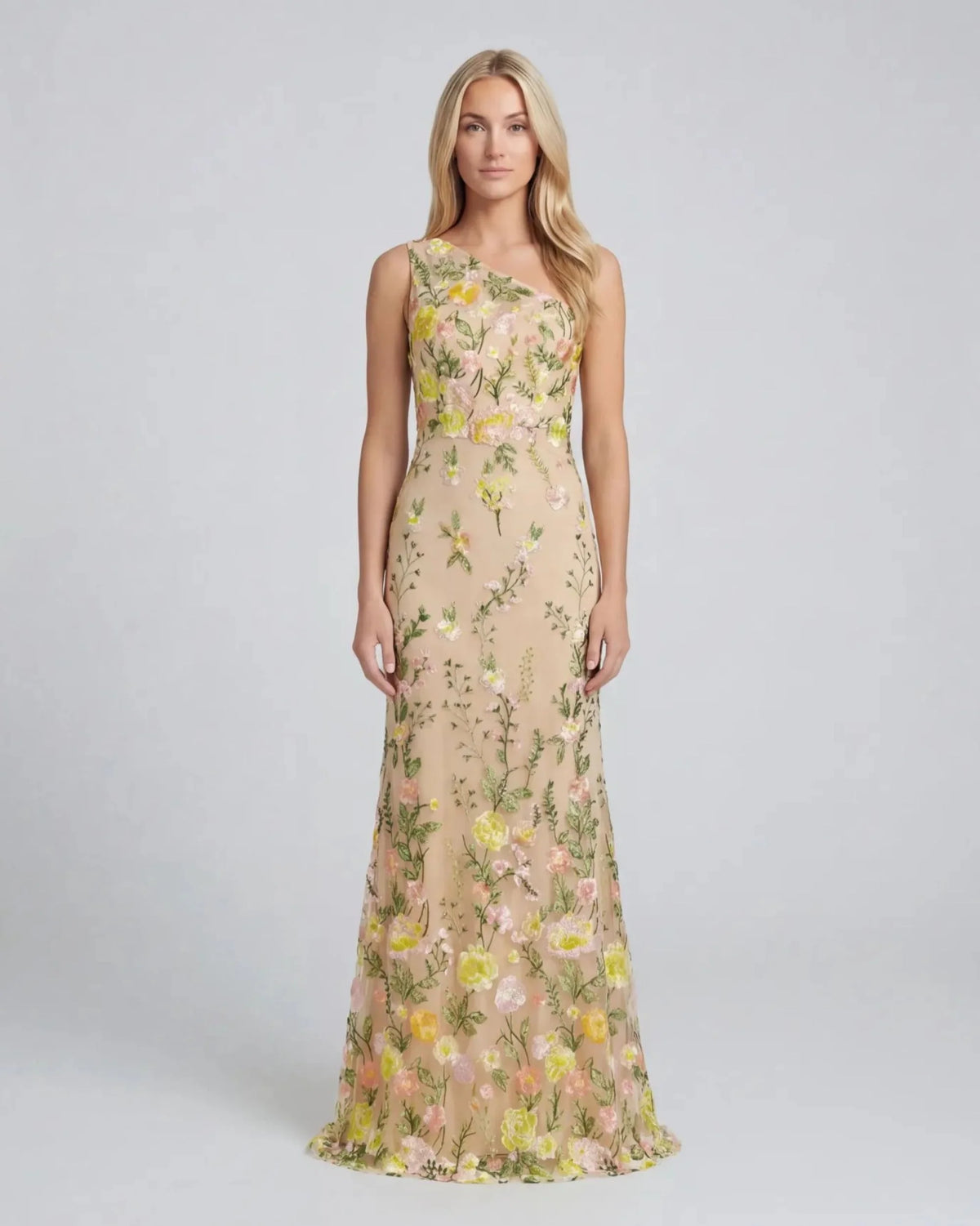 Petite Beige One Shoulder Lace Embroidered Gown