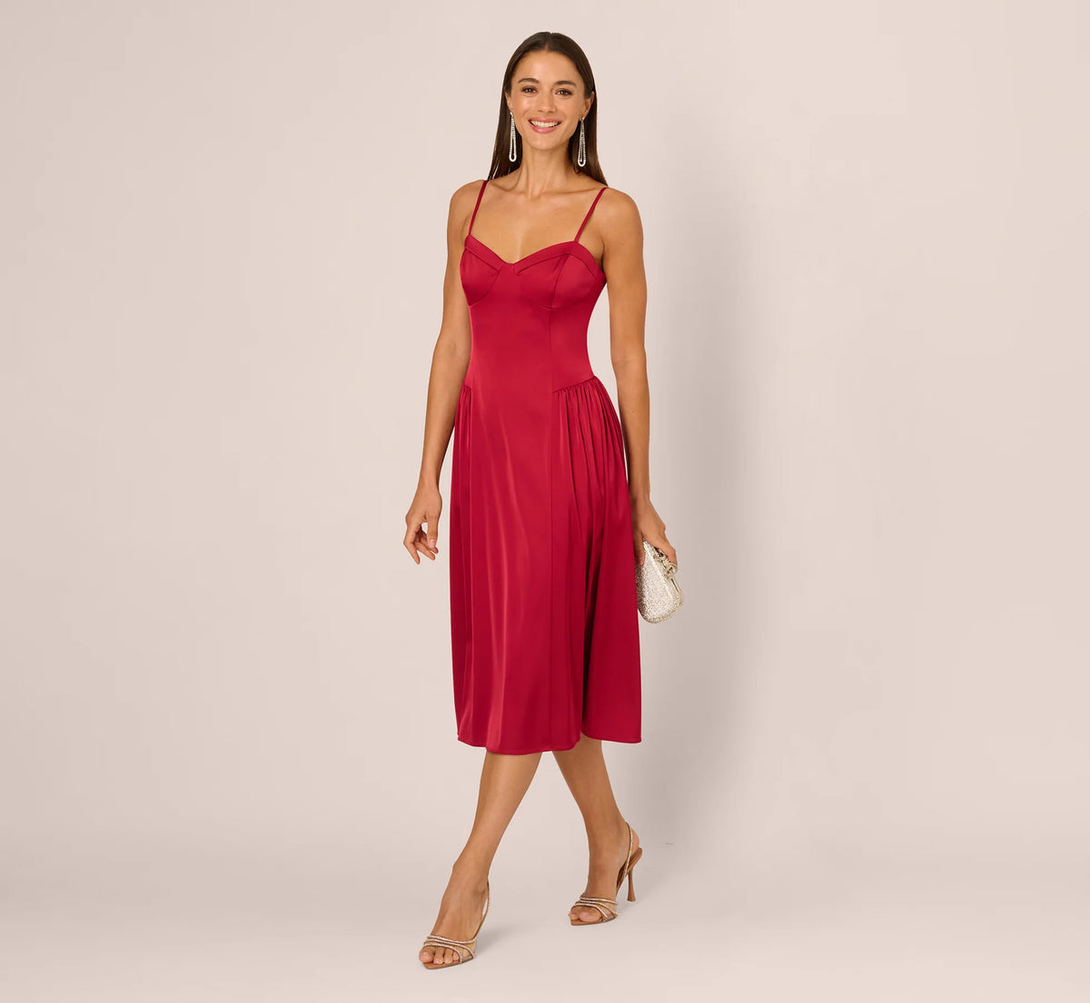 Stretch Satin Corset Back Midi Dress In Matador Red