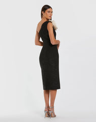 Black One Shoulder Boucle Midi Dress With 3D Flower
