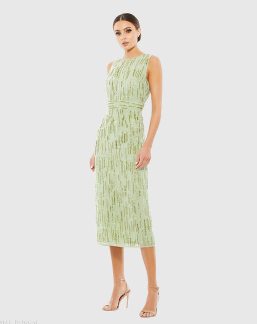 Abstract Beaded Sleeveless Midi Sheath Dress