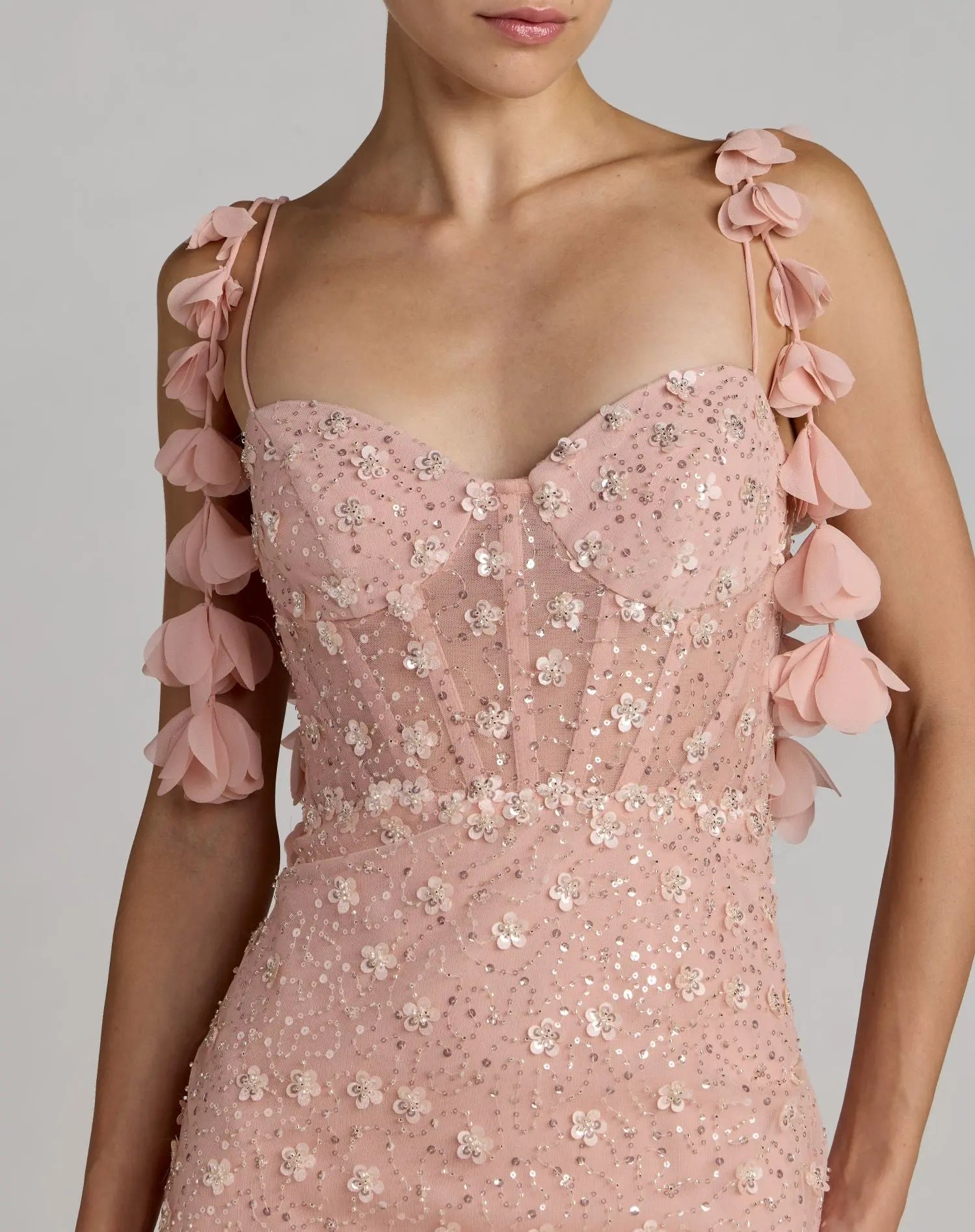 Pink Sweetheart Neck Embellished Gown With Floral Detail