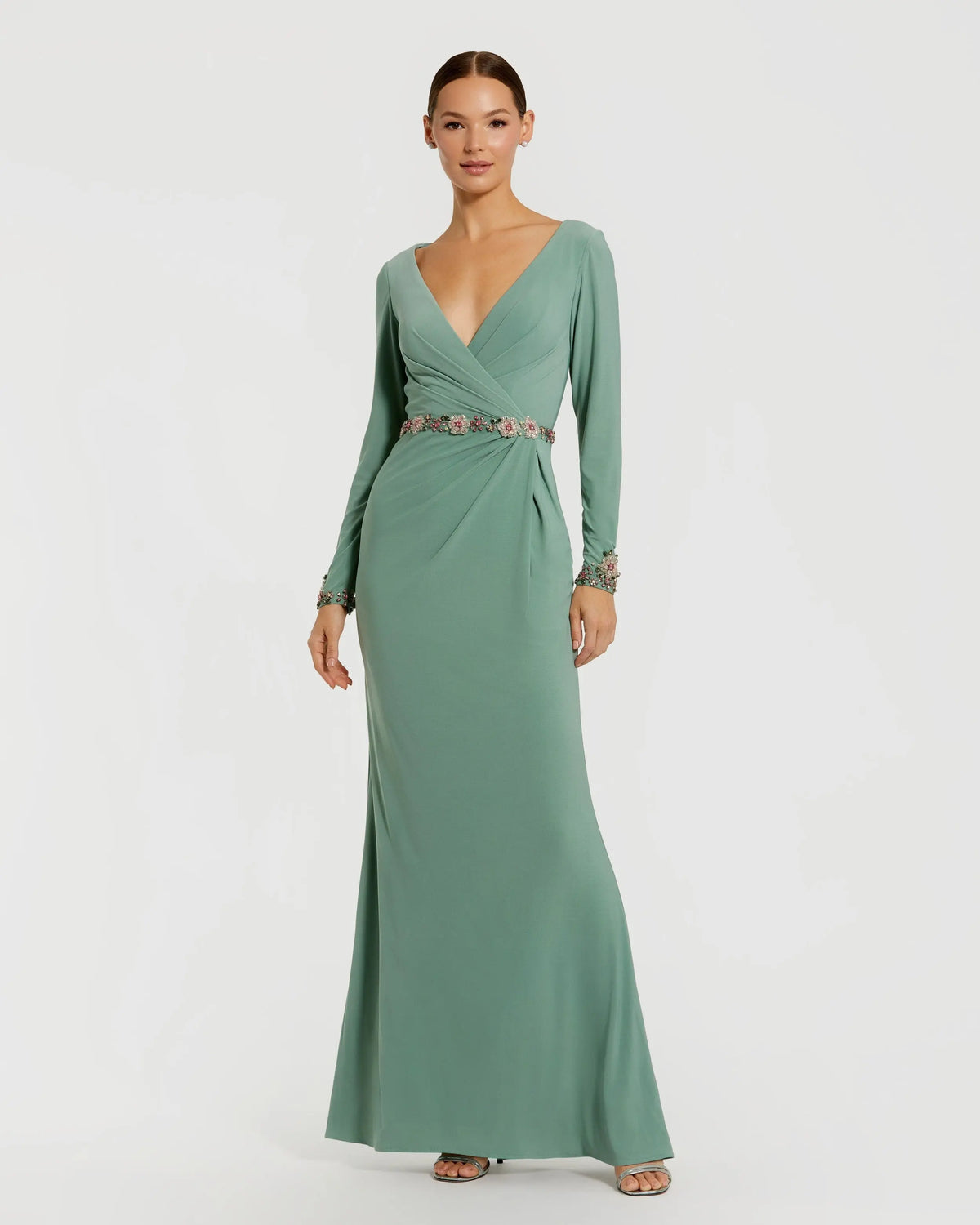 Green Jersey Long Sleeve V Neck Gown With Beaded Belt