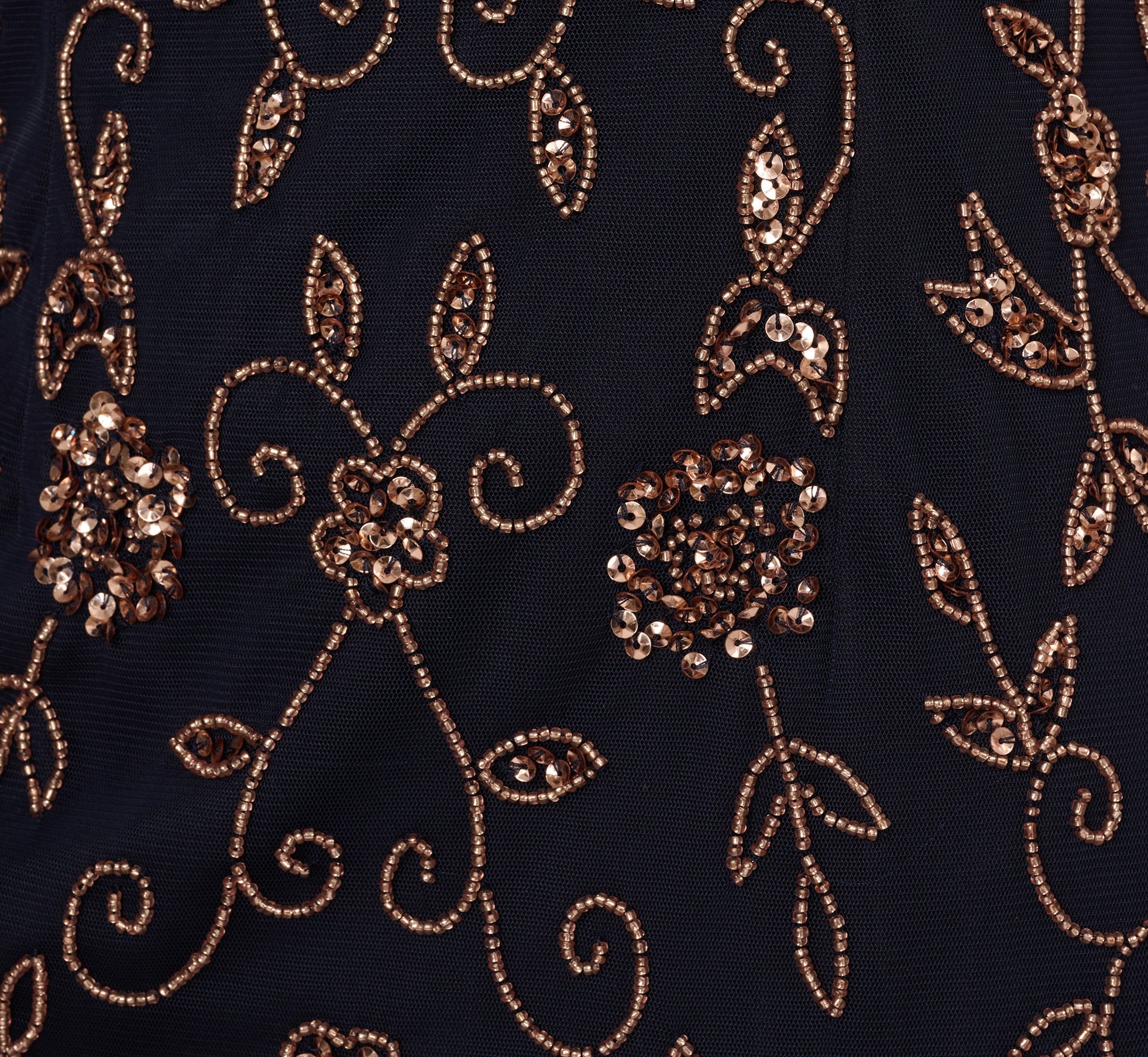 Floral Beaded Godet Gown With Sheer Neck And Short Sleeves In Navy Rosegold