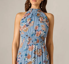 Floral Meta Chiffon Tiered Halter Midi Dress In Blue Multi