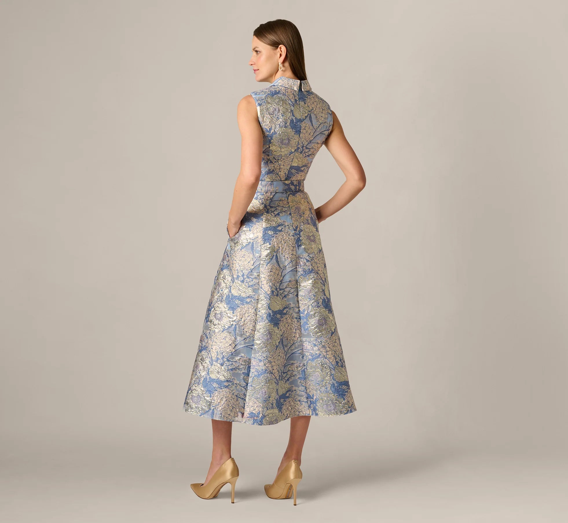 Hydrangea Floral Jacquard Collared Midi Dress In Blue Multi