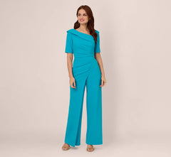 Short Sleeve Asymmetrical Wide Leg Crepe Jumpsuit In Bel Air Blue