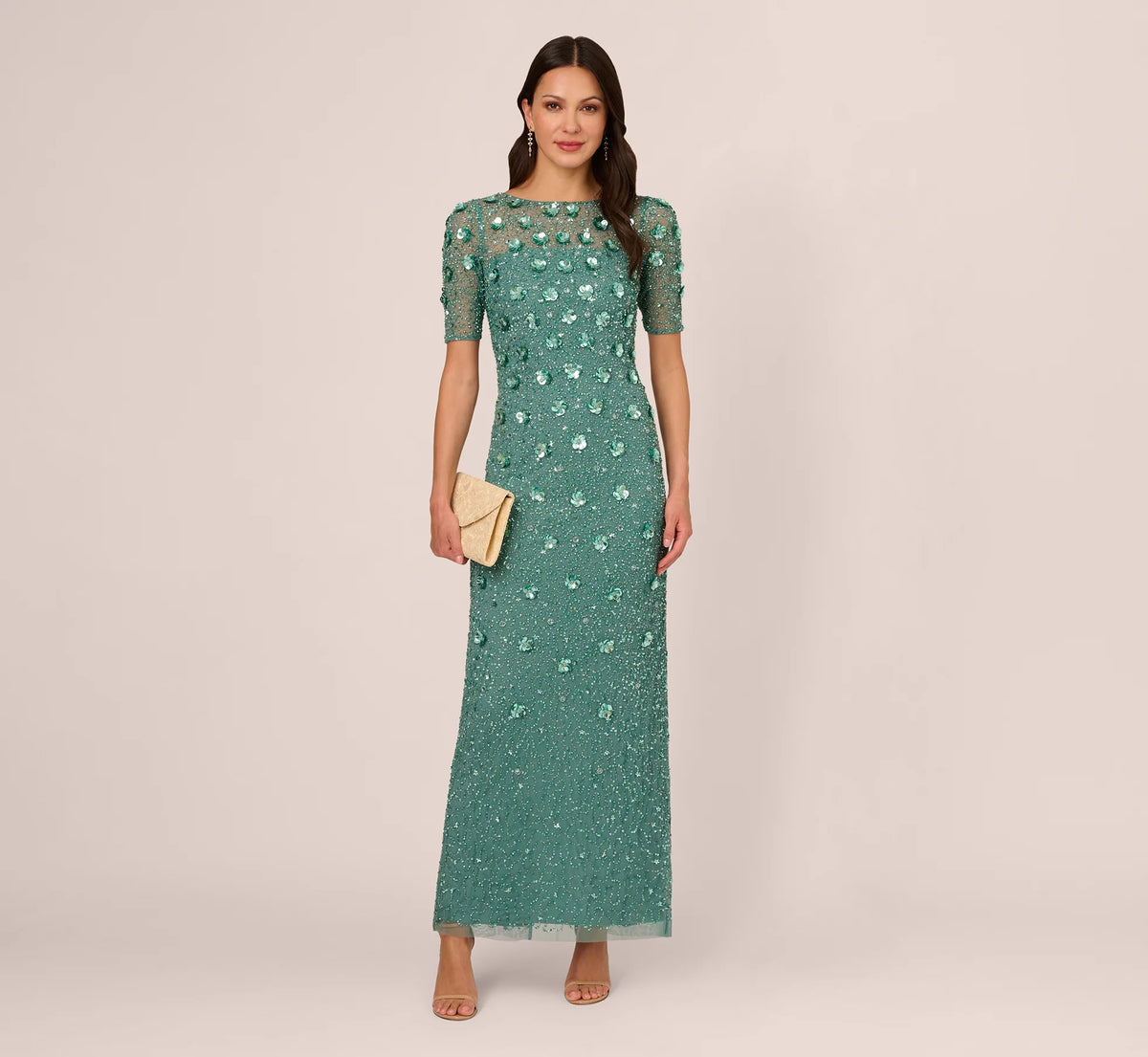 Long Hand Beaded 3D Floral Dress With Elbow Sleeves In Green Slate