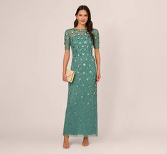 Long Hand Beaded 3D Floral Dress With Elbow Sleeves In Green Slate