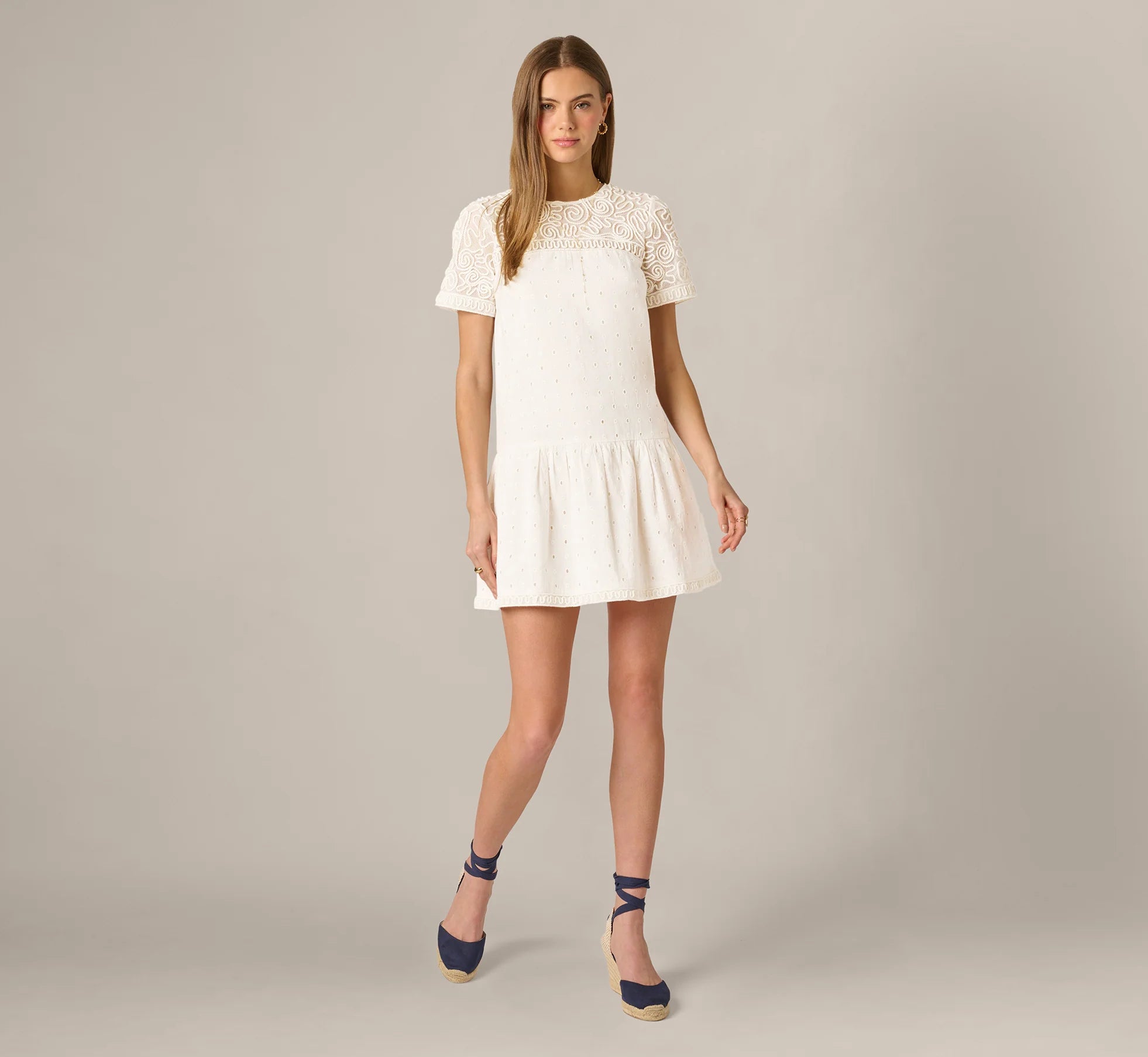 Short Sleeve Drop Waist Cotton Eyelet Shift Dress In Ivory