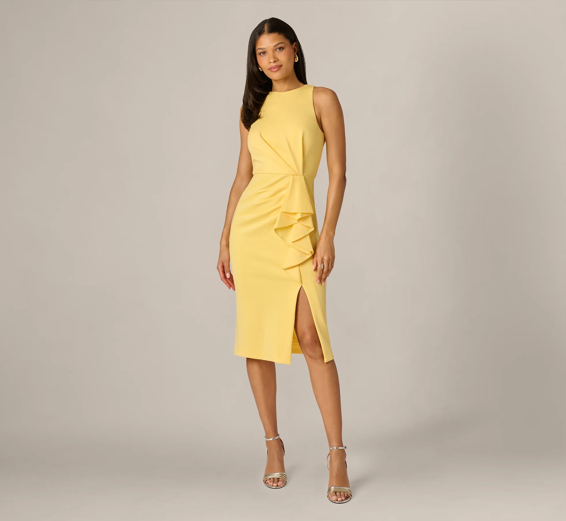 Sleeveless Draped Stretch Sheath Dress In Warm Sun