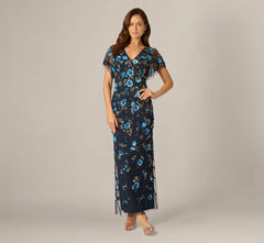 Flutter Sleeve Floral Beaded Column Gown In Midnight Multi