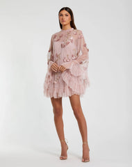 Pink Embellished Long Sleeve Trapeze Dress with Ruffle Hem