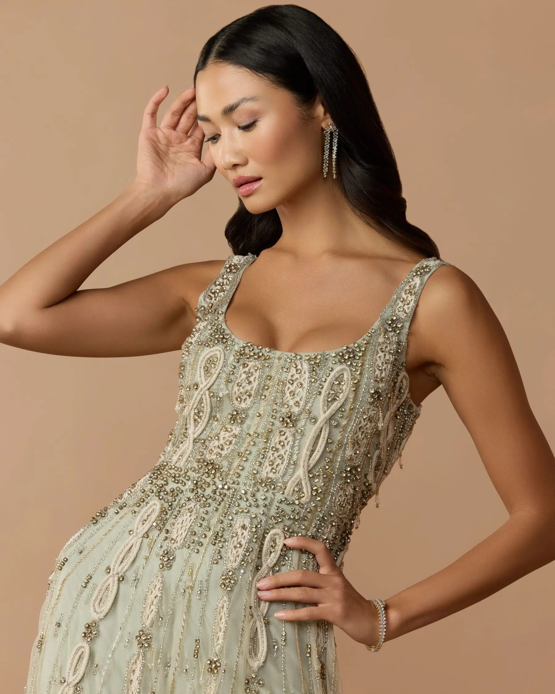 Green Sleeveless Scoop Neck Embellished Midi Dress