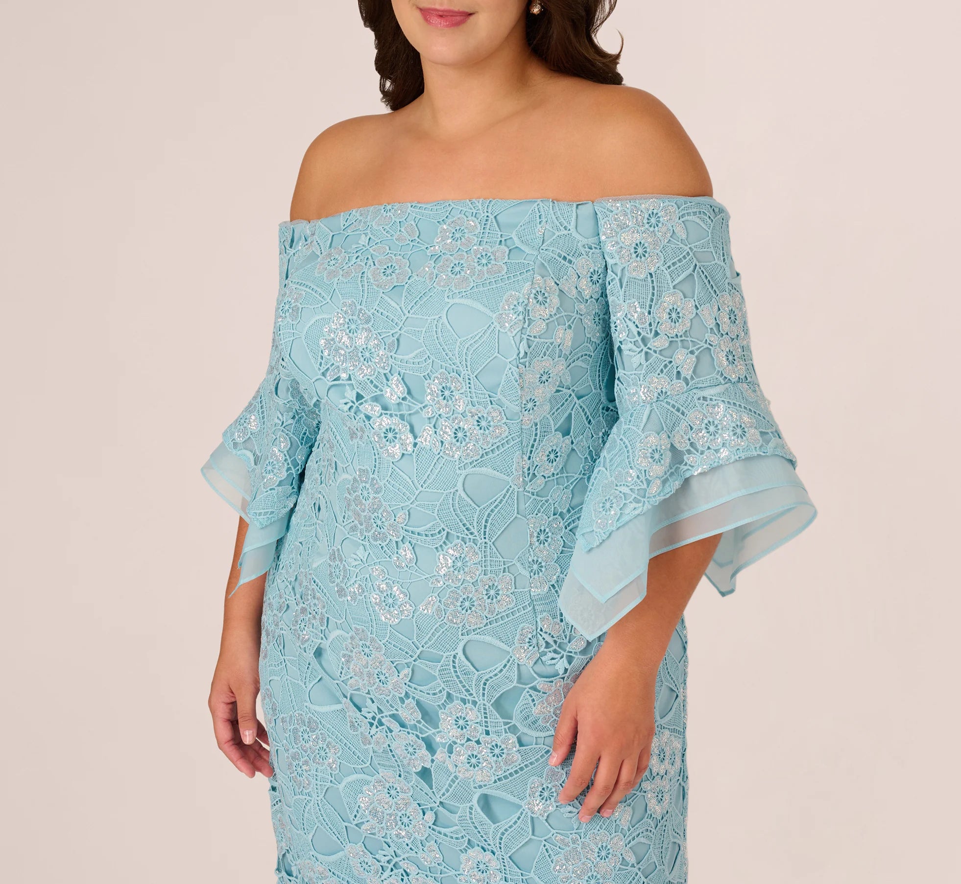 Plus Size Off Shoulder Bell Sleeve Sequin Lace Gown In Airy Aqua