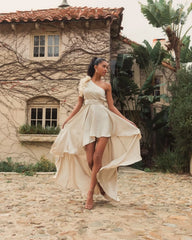 Beige Ruffled One Shoulder Cut Out Hi-Low Gown