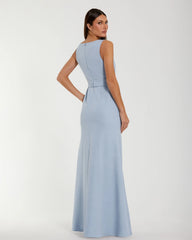 Blue Boat Neck Crepe A Line Gown With Flower