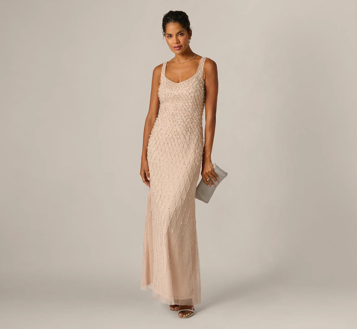 Diamond Beaded Mermaid Gown In Shell