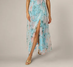 Flutter Sleeve Floral Tulle Maxi Dress In Blue Multi