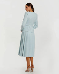Blue Boucle Long Sleeve V Neck Midi Dress With Buttons