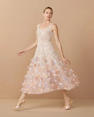 Pink Sleeveless Beaded Midi Dress With 3D Flowers