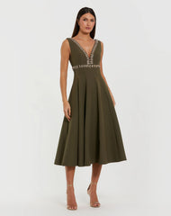 Green Rhinestone Embellished Crepe A Line Midi Dress