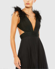 Black Plunge Ostrich Feather A Line Gown