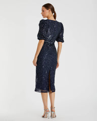 Navy Sequined V-Neck Short Puff Sleeve Midi Dress - FINAL SALE