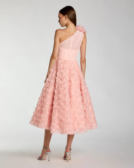 Pink One Shoulder 3D Floral Rosette Midi Dress