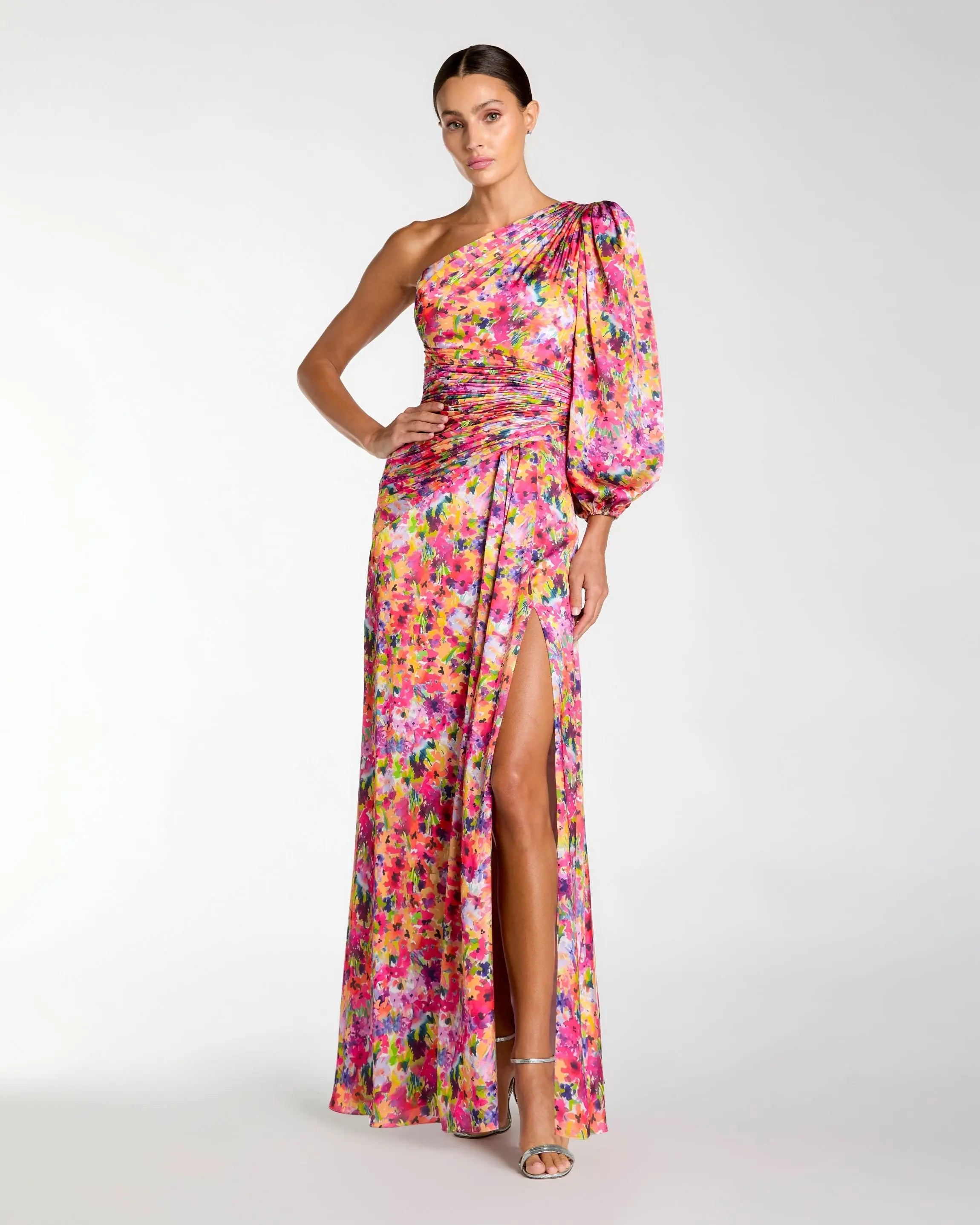 One Sleeve Floral Print Charmeuse Gown With Slit