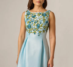 Floral Beaded Shantung Fit And Flare Dress In Sky Multi