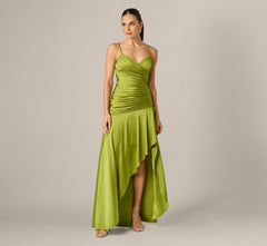 Asymmetrical High Low Stretch Satin Drop Waist Gown In Martini Olive