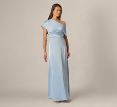 Asymmetrical Draped Neck Stretch Satin Gown In Elegant Sky