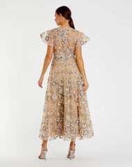 Beige Flutter Sleeve Butterfly Embroidered Maxi Dress