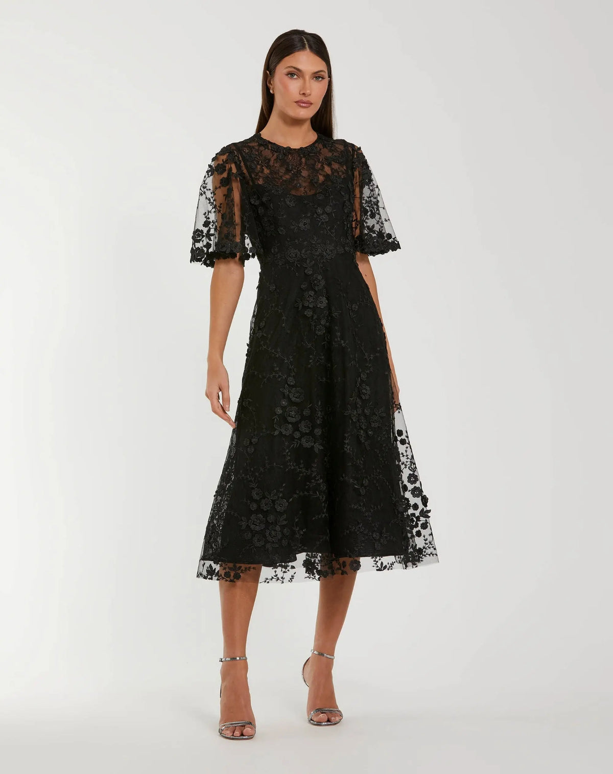 Floral Embroidered Mesh Midi Dress with Flutter Sleeves