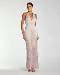 Purple and Silver Halter Neck Embellished Fringe Gown