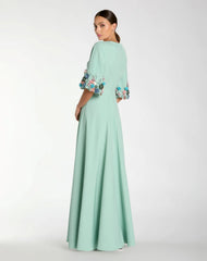 Green Crepe 3/4 Sleeve A-line Gown With Flower Trim
