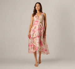 Floral Organza Cascade High Low Midi Dress In Sage Multi