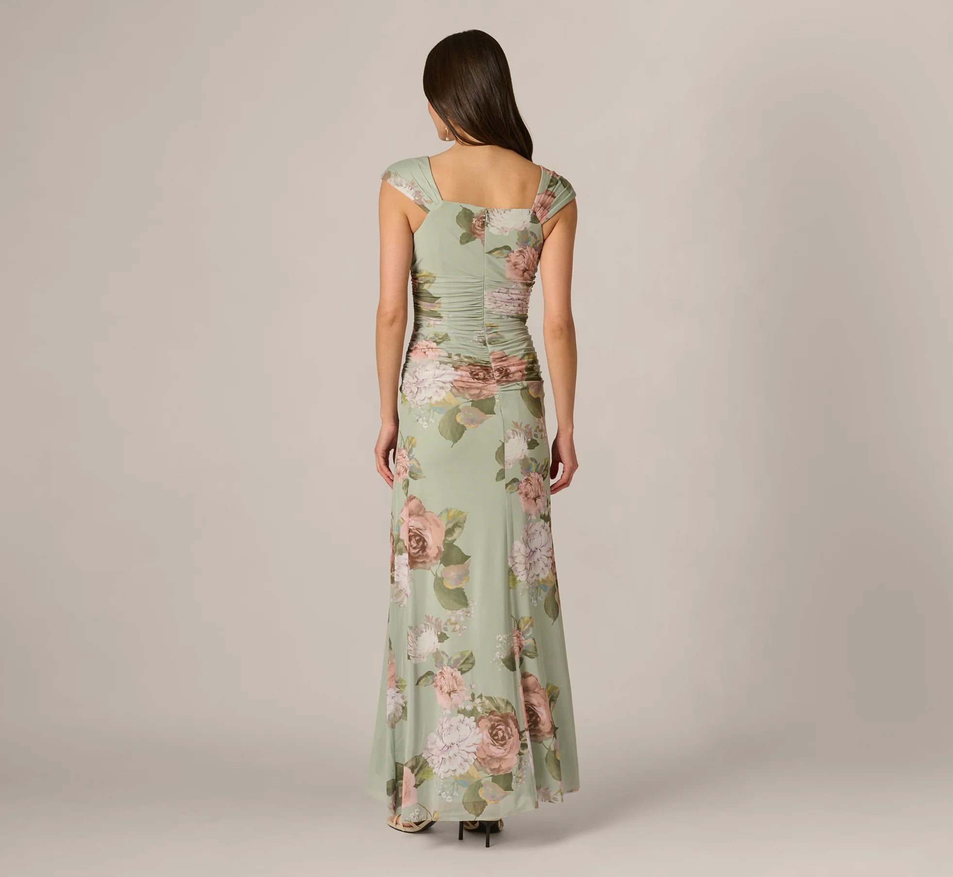 Floral Print Stretch Mesh Ruched Gown In Sage Multi