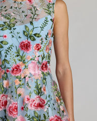 Blue Floral Embroidered Sleeveless A-Line Mini Dress