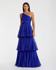 Blue One Shoulder Open Back Chiffon A-Line Gown