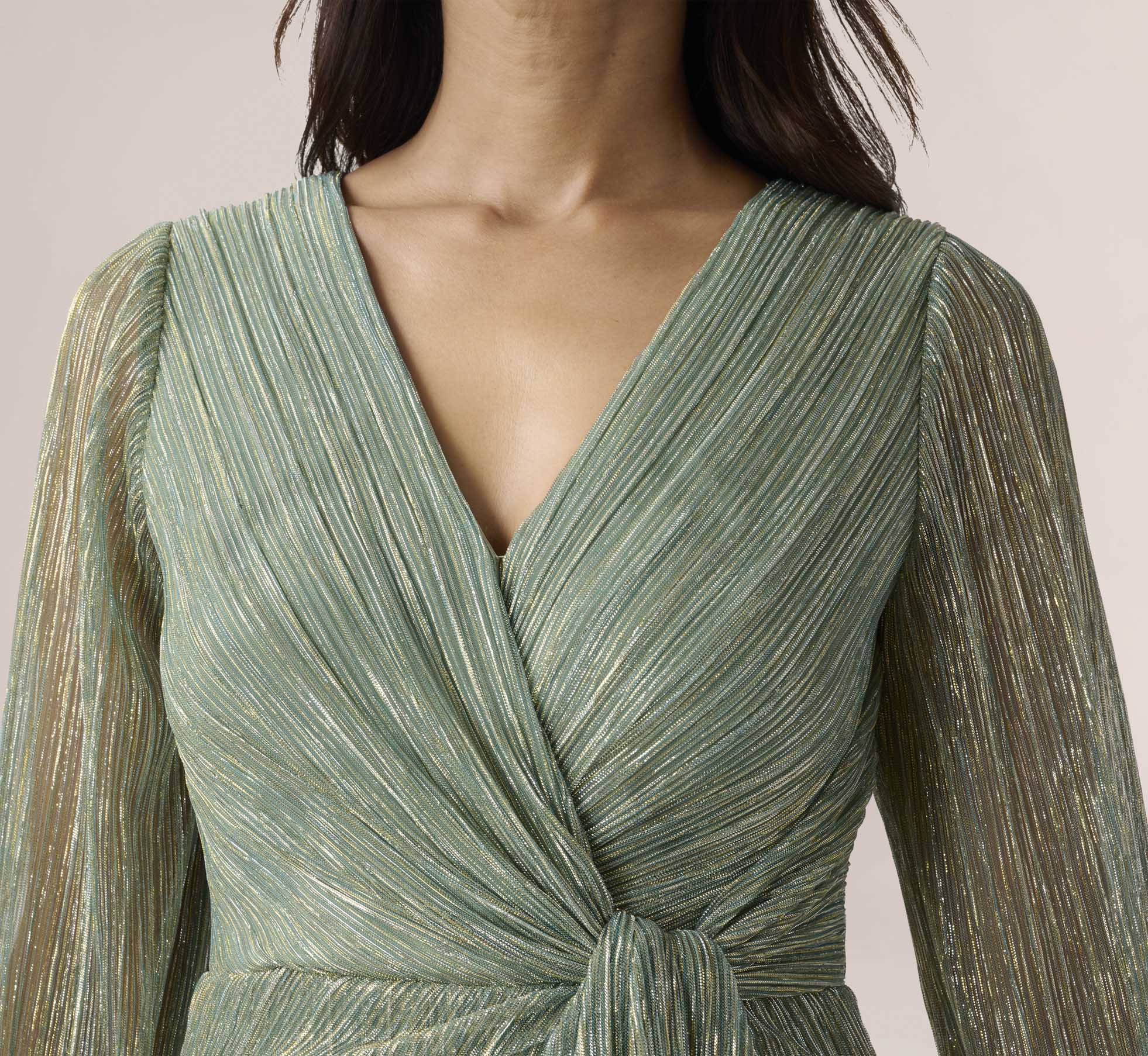 Metallic Crinkled Mesh Draped Long Gown In Green Slate