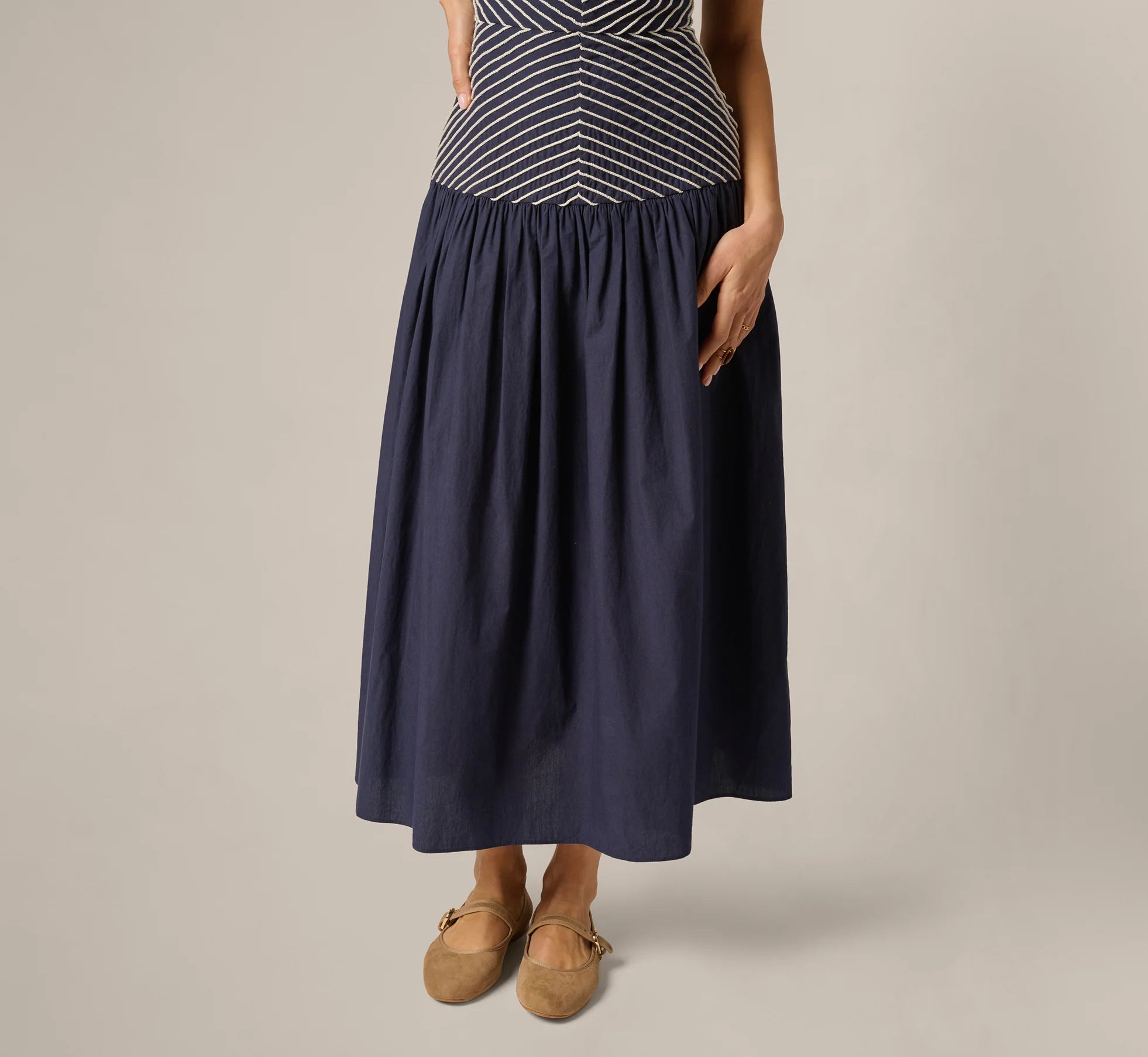 Drop Waist Chevron Cotton Midi Sundress In Navy Ivory