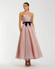 Pink Polka Dot Organza Strapless Midi Dress With Velvet Bow