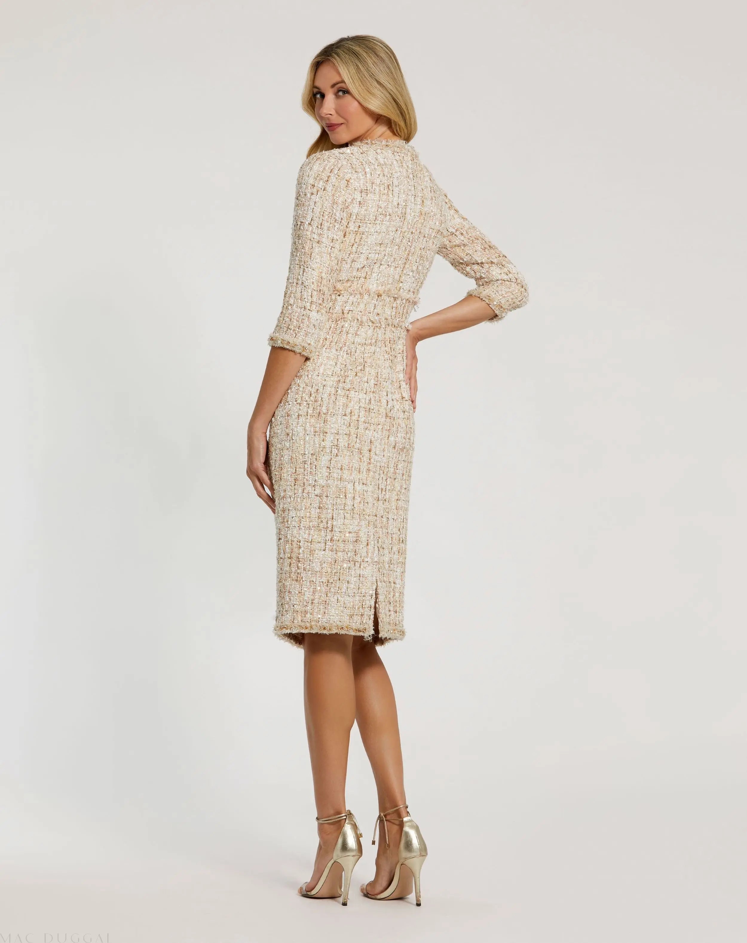 Beige Beaded Trim Boucle Midi Dress with 3/4 Sleeves