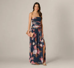 Strapless Ruched Floral Stretch Mesh Gown In Navy Multi
